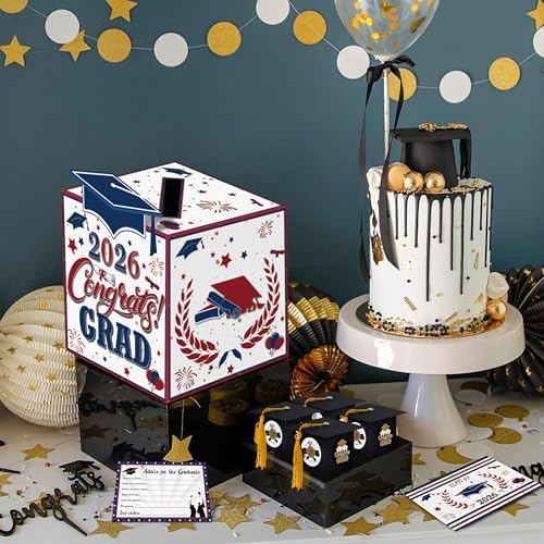 Graduation Wish Cards with Red Blue White Card Holder Box - 36PCS Class Of 2026 Advice Cards and 2026 Congrats Grad Card Box for Graduation Party Supplies Decoration