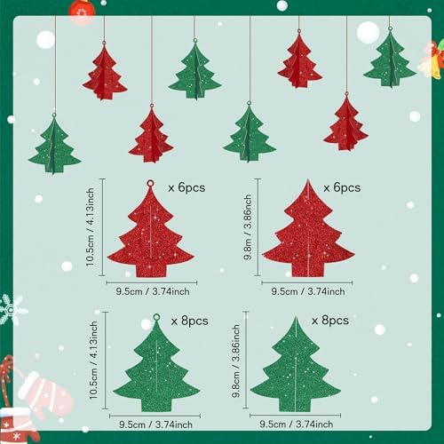 BEISHIDA Red Green Christmas Decorations, 14 Pcs 3D Christmas Tree Paper Garland Xmas Hanging Streamer Party Decorations for Baby Shower New Year Party Supplies