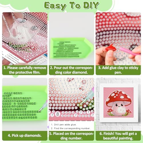 Mushroom Diamond Art Kits for Kids with Frame, Cartoon Diamond Painting Kits for Kids Ages 4-8-12, Easy Diamonds Gem Art Crafts Gift for Girls Boys, Beautiful Package for and Home Wall Decor(7x7inch)