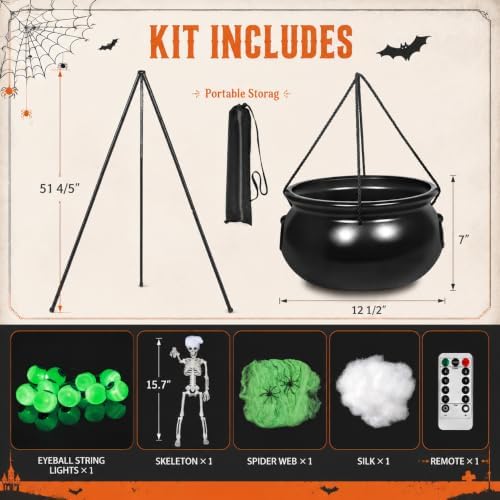 Halloween Decorations Outdoor Indoor,Large Witches Cauldron on 52" Tripod with String Lights, Skeleton and Eyeballs,Hocus Pocus Decor,Witches Cauldron for Yard Patio Garden Lawn Decorations.