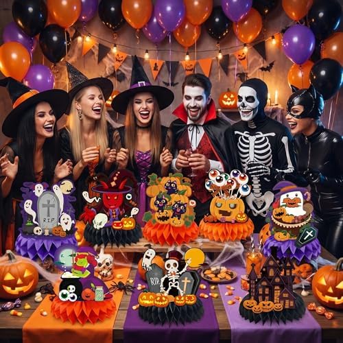 Halloween Decor - 9 PCS Pumpkin Witch Halloween Honeycomb Table Centerpiece
