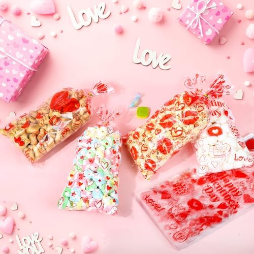 50PCS Valentines Goodie Bags - 5 x 11 Plastic Valentines Cellophane Treat Bags with Twist Ties, Red Heart & Love Design Valentine Candy Bags for Kids Classroom Exchange, Party Favors, Gifts, Cookies