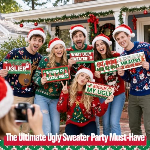 Beeveer 24 Designs Ugly Sweater Christmas Party Photo Booth Props Sign