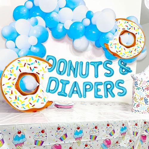 JeVenis Donuts Baby Shower Decorations Blue Backdrop Banner Letter Balloon
