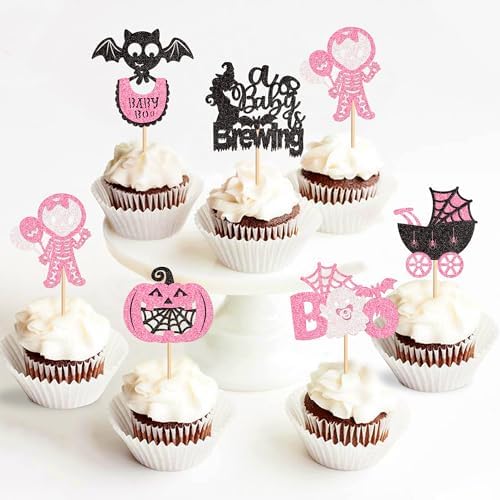 Ercadio 30Pcs Pink Halloween Baby Shower Cupcake Toppers A Baby Is Brewing Cupcake Picks for Boo Theme Gender Reveal Girls Halloween Birthday Cupcake Cake Decors Supplies