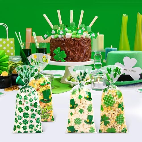 St. Patricks Cellophane Treat Bags – 100 Pack Green Shamrock Goodie Gift Bags with Twist Ties, 5×11 Inch Clear St. Patricks Candy Cookie Bags for St. Patrick Day Irish Party, Classroom, Holiday Favors
