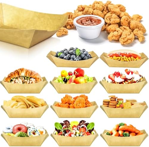 50 Pack 2.5lb Kraft Paper Food Trays, Disposable Paper Food Boat Heavy-Duty Food Serving Basket Tray for Snack Hot Dog French Fries Nachos Taco Popcorn BBQ Party Picnic Wedding Party
