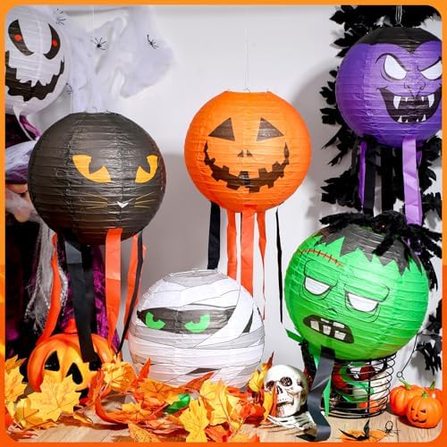 VIHOSE 12 Pcs Halloween Hanging Decorations Paper Lanterns, Jack-o-Bat Lanterns with Tassels Halloween Lantern Decorative for Indoor Outdoor Party Trick-or-Treat Event Supplies