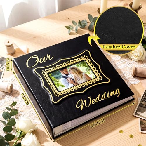 Dunzoom Memory Photo Album Holds 200 Pcs 4 x 6 Inch Leather Wedding Anniversary Family Photo Album with Front Window Double Heart Memory Scrapbook for Couple Gifts ()
