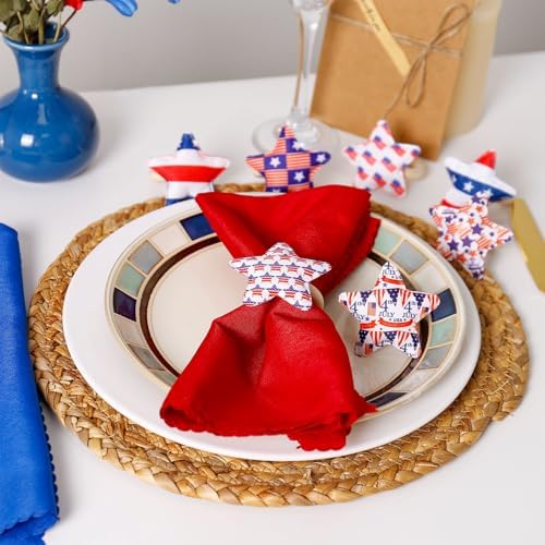 Patriotic Star Napkin Rings Set of 12, 4th of July Cloth Star Napkin Rings