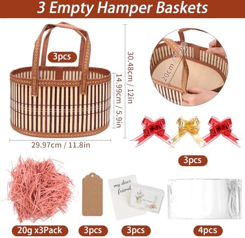 Dreamtop 3 Set Baskets for Gifts Empty, Woven Bamboo Gift Basket Empty Large with Handles, Sturdy Gift Basket Kit Empty to Fill for Christmas Birthday Baby Shower Wedding Gift (Brown)