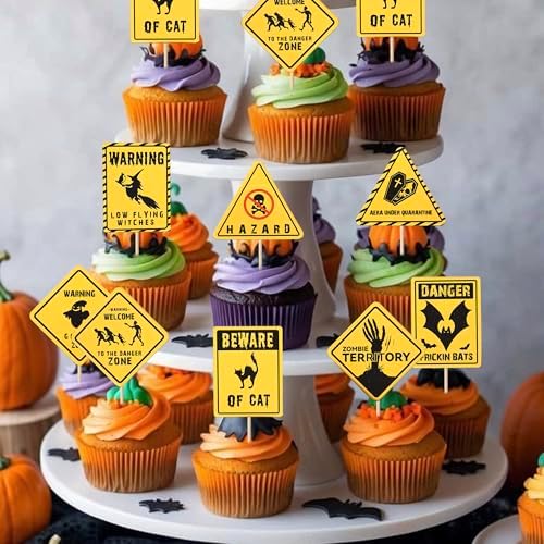 Rsstarxi 40 Pack Halloween Cupcake Toppers Beware Danger Ghost, Bat, Cat, Zombi Cupcake Picks Scary Halloween Decorations for Baby Shower Happy Boo Day Birthday Party Cake Decorations