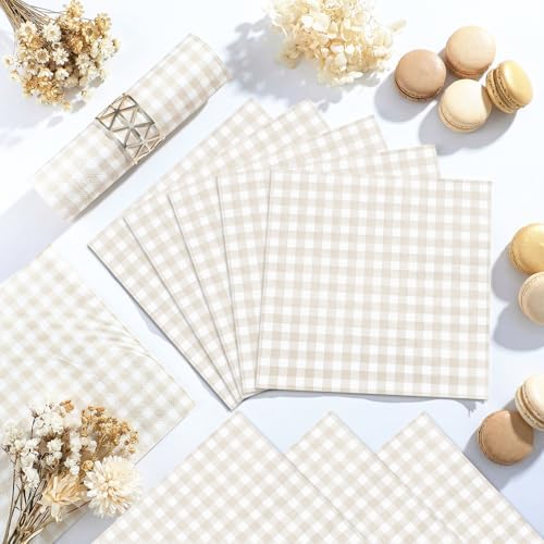 NatNarr 80 Pk Gingham Napkins Light Brown Napkins Tan Disposable, 6.5"