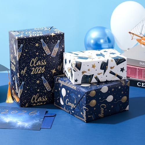 Ulmasinn Graduation Wrapping Paper, 4 Class of 2026 Designs, Navy Blue & Gold Graduation Wrapping Paper for Graduation Gifts, Party Decorations, 20 x 29 Inch Folded 8 Sheets