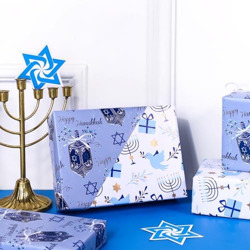WRAPAHOLIC Reversible Hanukkah Wrapping Paper - Mini Roll - 17 Inch x 33 Feet - Dreidels and Menorah Lights Chanukah Wrapping Paper Perfect for Hanukkah, Chanukah, Holiday