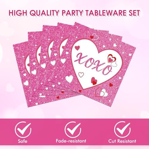 40PCS Valentines Day Decorations, Valentines Party Supplies Pink Paper Plates and Napkins Set, Red Heart Happy Galentines Day Tableware for Engagement Wedding Anniversary Decorations Serve 20 Guests