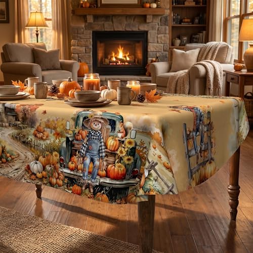 Fall Tablecloth 60×84 Inch Oval, Fall Harvest Decorations for Home Table Cloth, Truck Scarecrow Pumpkin Decor Washable Seasonal Autumn Thanksgiving Tablecloths Polyester for Picnic Party Dinner