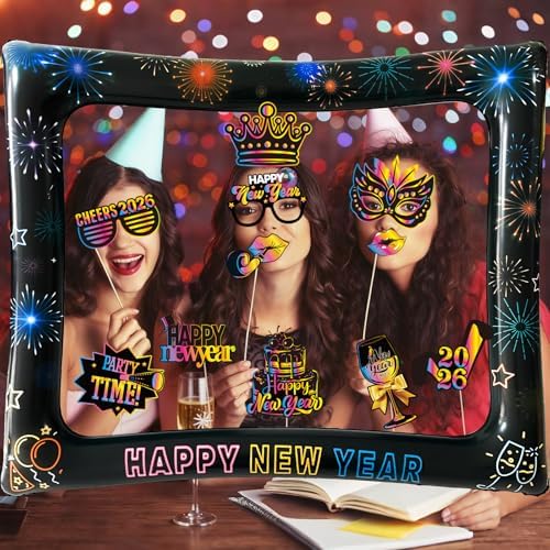 2026 New Year Photo Booth Inflatable Frame Kit, 30Pcs Colorful Neon New Years Photo Booth Props with Inflatable Picture Frame for New Year Eve Party Selfie Props Supplies