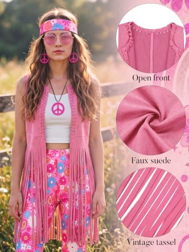 SOMSOC 7 Pieces 60s 70s Women Hippie Costume Fringe Vest Bag Pant Headband for Disco