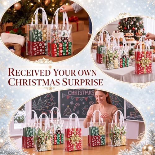 Pajean 25 Pcs Winter Plastic Gift Bags with Handles, Snowflake Pouches
