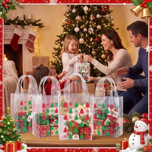 Pajean 25 Pcs Christmas Plastic Gift Bags with Handles, Xmas Tree Pouches