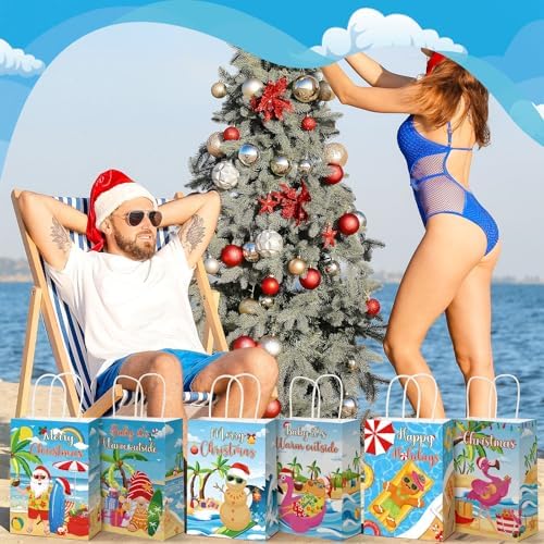 Kolldenn 48 Pcs Summer Christmas Goodie Bag with Handle Xmas Gift Paper Bag