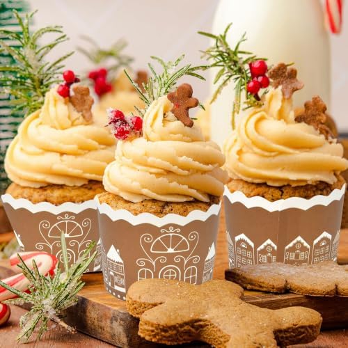 100 Pcs Christmas Paper Baking Cups Gingerbread House Design Disposable