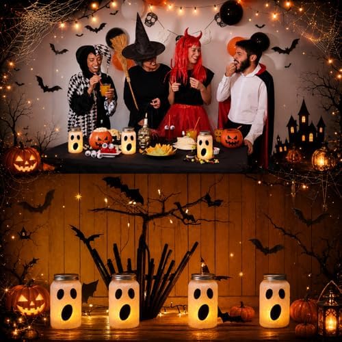 Qinyoung 12 Pcs Halloween Spooky Ghost Mason Jars Crafts with LED light