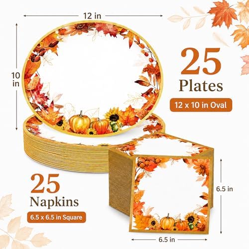 50Pcs Fall Oval Paper Plates Napkins, Pumpkin Autumn Thanksgiving Party Set