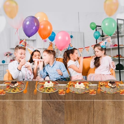 140Pcs Fall Thanksgiving Party Supplies Tableware Set for 20 Guests, Pumpkin Paper Plates and Napkins Cups Tablecloth Cutlery Straws for Autumn Harvest Party Decoration