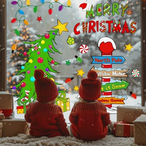 JarThenaAMCS Christmas Window Clings Decorations Extra Large Double-Sided Reusable Decals Rustic Curved Christmas Tree Arrow Yard Sign Stickers for Xmas Winter Home Office Party Glass Decor, 6 Sheets