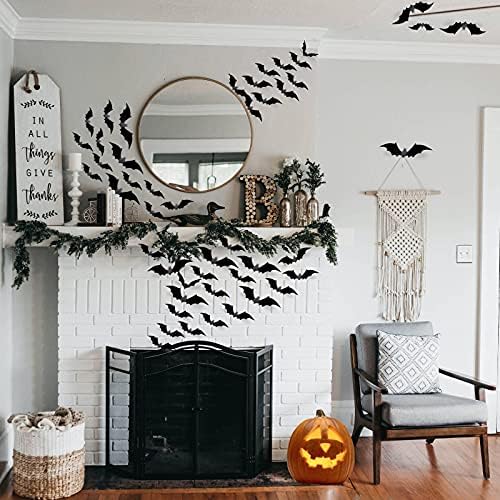 Runleo 70 Pcs Halloween 3D Bats Wall Decor, Matte Black Reusable Sticker