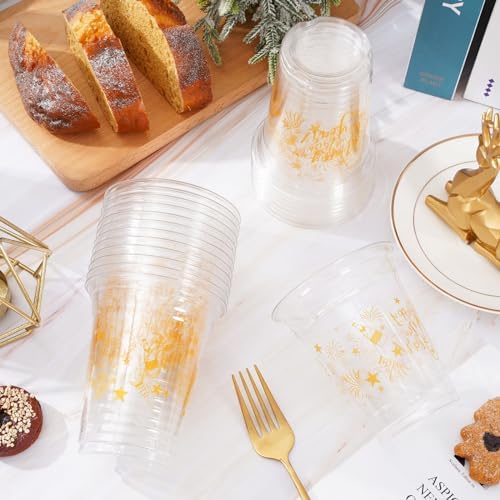 Whaline 50Pcs 12oz Happy New Year Disposable Cups Gold Plastic Party Cups New Year Eve Clear Plastic Glasses for Winter Holiday Drinks Party Supplies