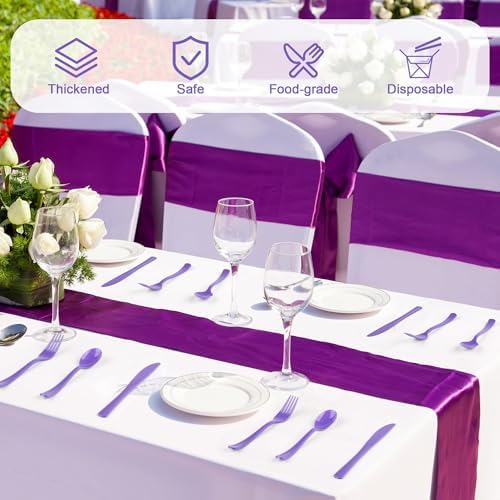 Kochorie 300 Pieces Purple Plastic Silverware, Disposable Plastic Utensils, Heavy Duty Cutlery Set Heavyweight Flatware Includes Spoons Forks Knives for Birthday Party Prom Night Wedding Dinner