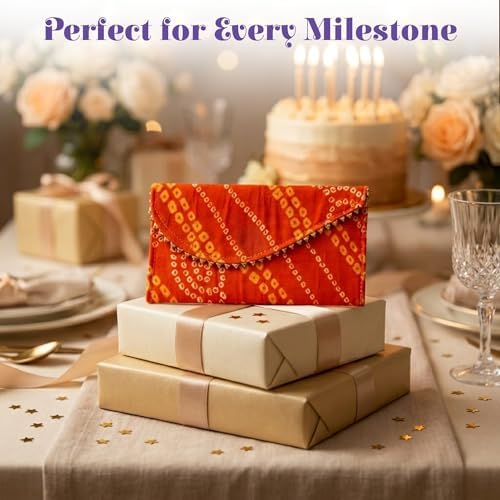 LoveNspire Brocade Fabric Money Envelopes (7.5 x 3.5 Inch) Decorative Bandhani Pattern Shagun Lifafa for Indian Wedding, Birthday | Cash Gift Holder & Home Savings Organizer Red/Pack of 20
