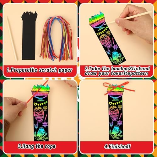 AUGSUN 96Pcs Kwanzaa Scratch Art Bookmarks Crafts for Kids
