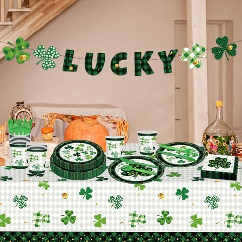 98PCS St Patrick's Day Party Supplies Green Irish Shamrock Tableware Set Lucky Shamrock Birthday Party Supplies St Patrick's Day Party Decorations Irish Shamrock Paper Plates and Napkins for 16 Guests