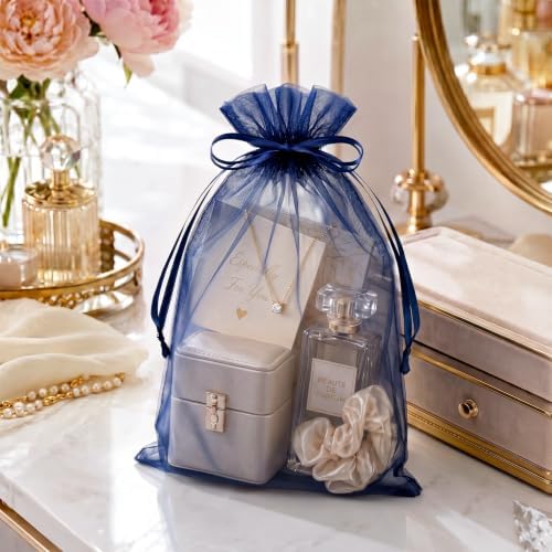 FUNFERY 100PCS Navy Blue Organza Gift Bags 5x7in,Drawstring Jewelry Pouch