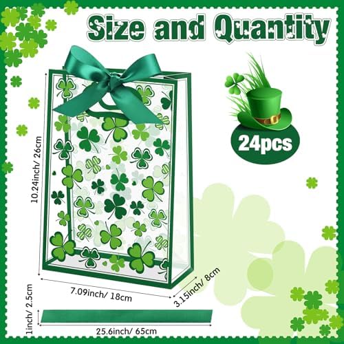 Capoda 24 Pack St Patrick's Day Shamrock Gift Bags with Handles Clover Party Favor Bag Reusable Plastic St Patricks Goodie Bags, 10x7x3 Inch Lucky Clover Treat Bag for Holiday Party Supplies