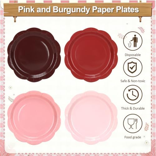 96Pcs Pink and Burgundy Paper Plates and Napkins Serves 48,9 Inch Gradient Disposable Plates,6.5" Scalloped Napkins Tableware for Bridal Shower,Girl Birthday, Wedding,Valentine’s Day