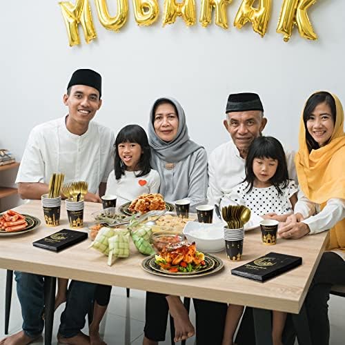 Ramadan Party Supplies Decorations for Home Serve 25, Eid Mubarak Ramadan Black and Gold Plates and Napkins Set, Disposable Paper Plates Napkins Cups Knives Spoons Forks for Ramadan Party Decorations