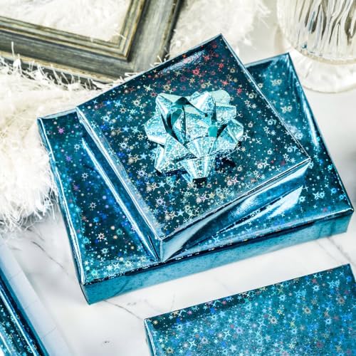 Burymento Blue Wrapping Paper Roll, Metallic Holographic Star Space Gift Wrap for Birthday, Valentines, Mothers day, Graduation, Wedding, Fathers day, Baby Shower, Christmas (17 IN x 32.8 FT)