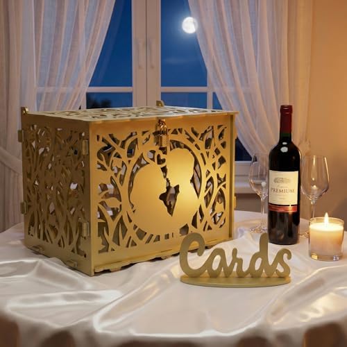 Jolik Wedding Card Box with Sign – Large Rustic Wedding Money Box Holder, DIY Envelop Gift Card Shadow Boxes for Wedding Reception, Anniversary, Graduation, and Birthday Parties (Gold)