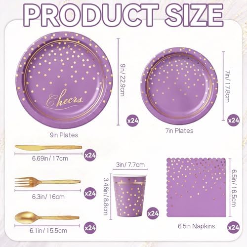 168Pcs Purple and Gold Paper Plates and Napkins Party Supplies for 24 Guest