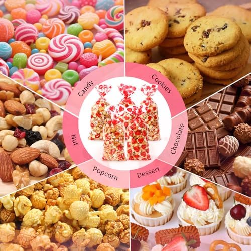 100 PCS Valentines Cellophane Bags(5x11 Inch) with Ties for Candy Goodie Treat Snack Goody Cookie Small Gifts Wrap Plastic Ziplock Bag Baggies Pouch Valentine Galentine Party Favors Supplies Decor