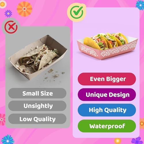 Mexican Taco Nights Food Trays - 50P Cielito Lindo Pink Flower Unassembled Taco Nights Food Trays Nacho Snack Candy Holder Disposable Paper Plates Carnival Party Supplies Food Containers
