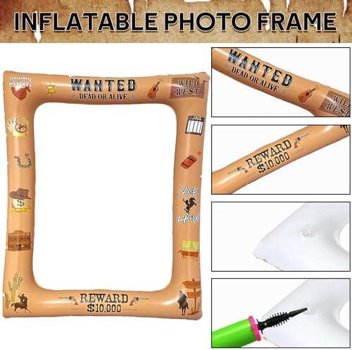 16 Pcs Western Cowboy Photo Booth Props with Inflatable Selfie Frame, Wild West Themed Party Decoration for Country Rustic Cowboy Party Selfie Supplies