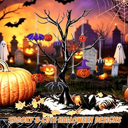 56pcs Halloween Hanging Ornaments for Tree Decorations, Shatterproof Plastic Hanging Halloween Ball Pendants with Pumpkin, Witches Hat Signs, Halloween Tree Decor Party, Holiday, Home (Multi New)