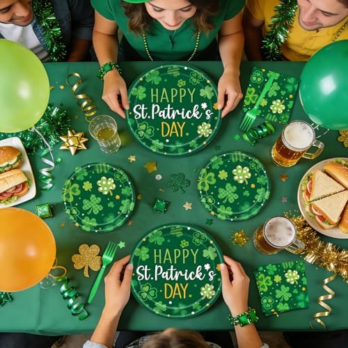 96 Pieces Happy St. Patrick's Day Plates and Napkins Tableware Set, Green Shamrock Lucky Disposable Dinnerware with Paper Plates, Napkins, and Forks for St Patrick Day Irish Party Supplies- Serves 24