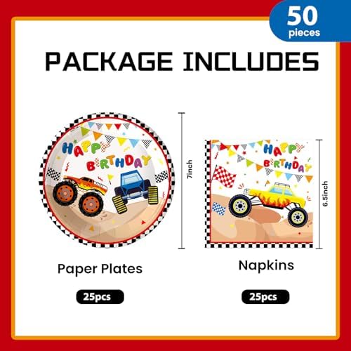 50Pcs Monster Truck Plates and Napkins Party Supplies, Disposable Racing Car Theme Birthday Paper Plates Napkins Tableware Set for Monster Truck Birthday Party Decorations (Truck)